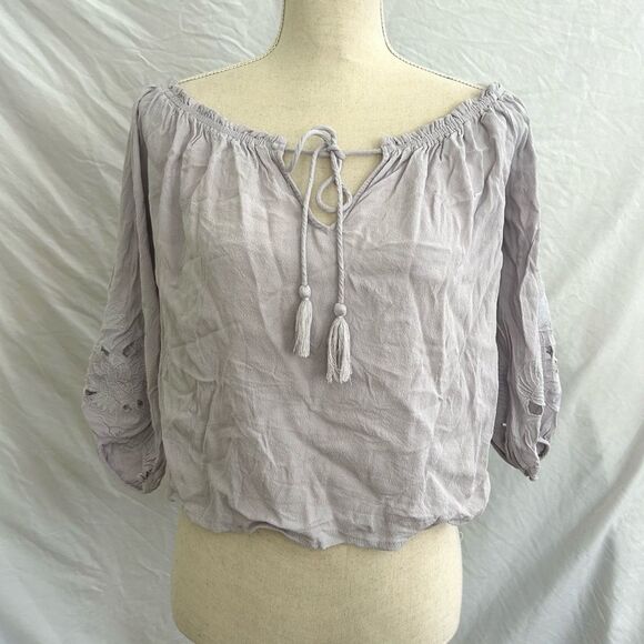 ASTR The Label Purple Blouse Laser Cut Puff Sleeve Boho Crop Small - Picture 1 of 7